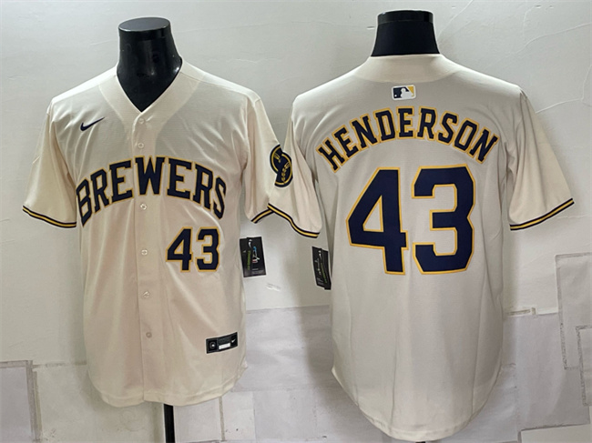 Men's Milwaukee Brewers #43 Logan Henderson Cream Stitched Baseball Jersey Men's Milwaukee Brewers #43 Logan Henderson Cream Stitched Baseball Jersey